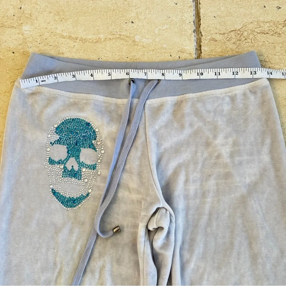 Philipp Plein Gray Velour Pants with Teal Crystal Skull Logo, Size S